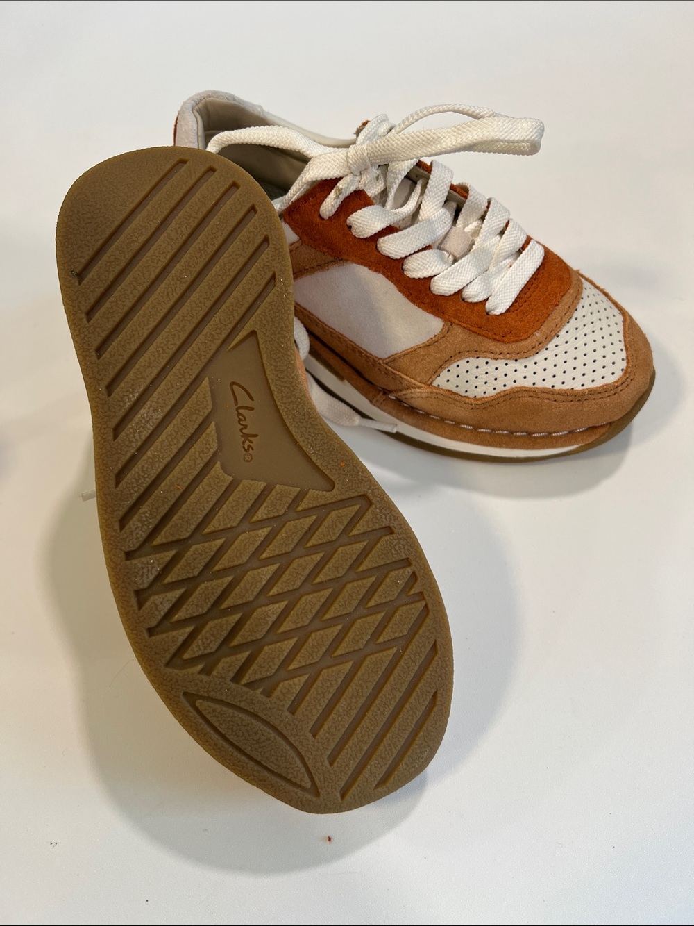 Clarks Kids Casual Suede & Leather Sneakers - Tan, Brown Orange, White, NWOT - Picture 2 of 7